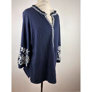 Talbots Navy Blue Tunic Blouse Embroidery V Neck Size XL